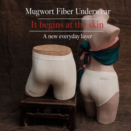 Two mannequins wearing undyed cream mugwort viscose underwear